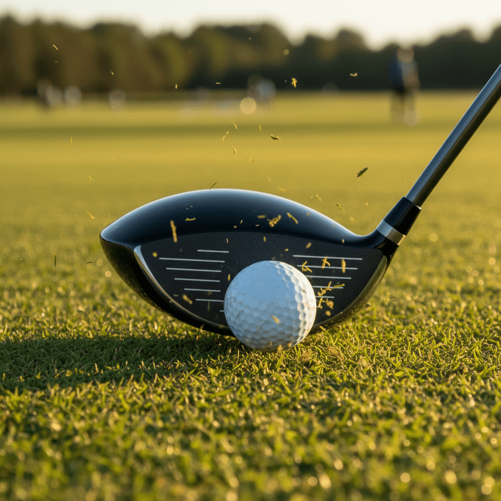 Golf club meeting a ball at impact on a sunny driving range