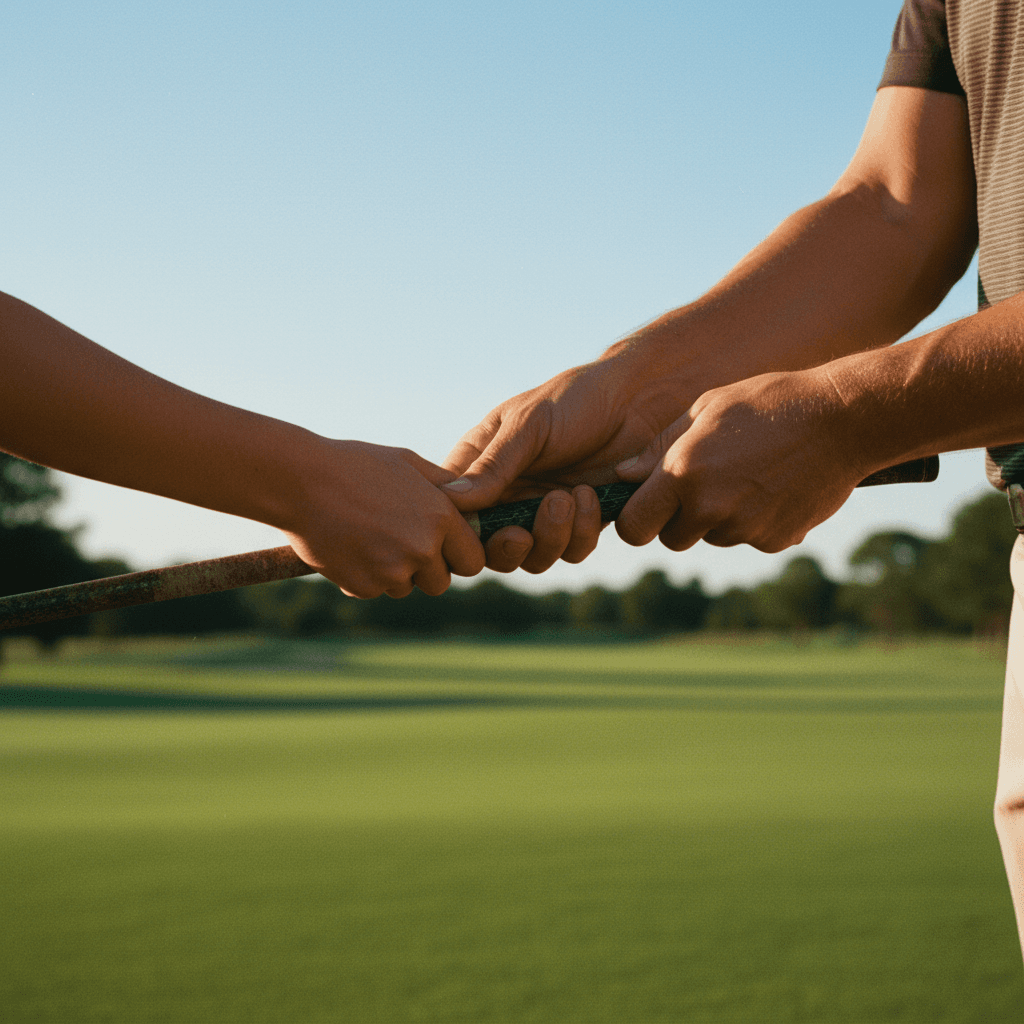 Close-up of coach adjusting a student's grip on a golf club