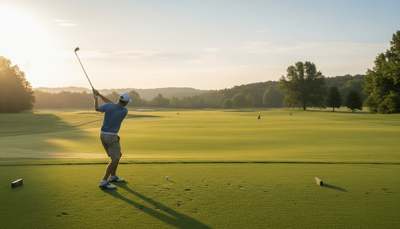 Golfer practicing a swing at a sunlit grass range in Parker