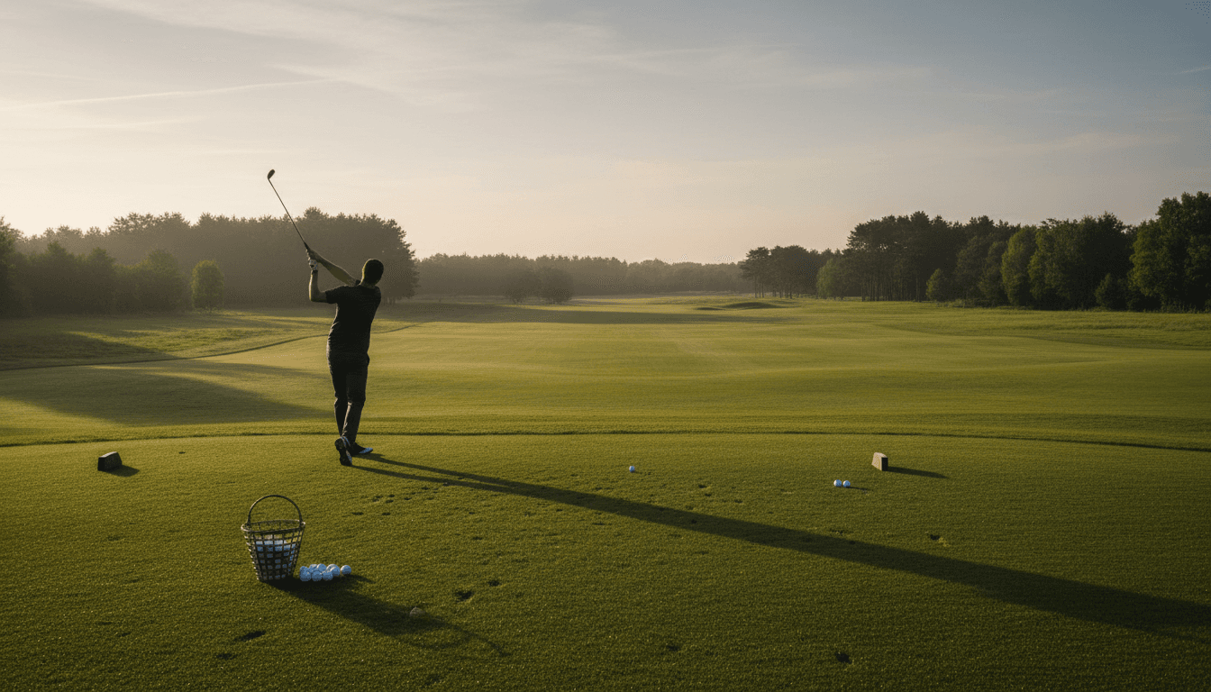 Grass driving range at golden hour with a golfer mid-swing