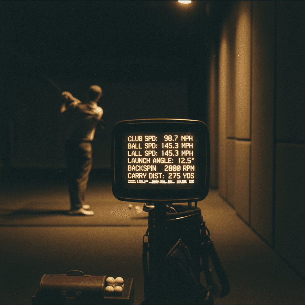 Launch monitor screen with swing metrics in a dim indoor golf simulator