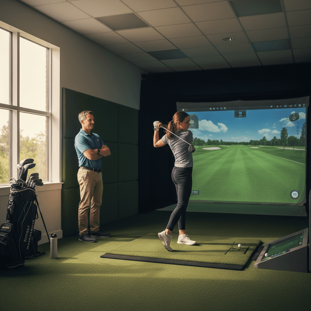 Golf coach observing a student's swing with a relaxed, patient stance