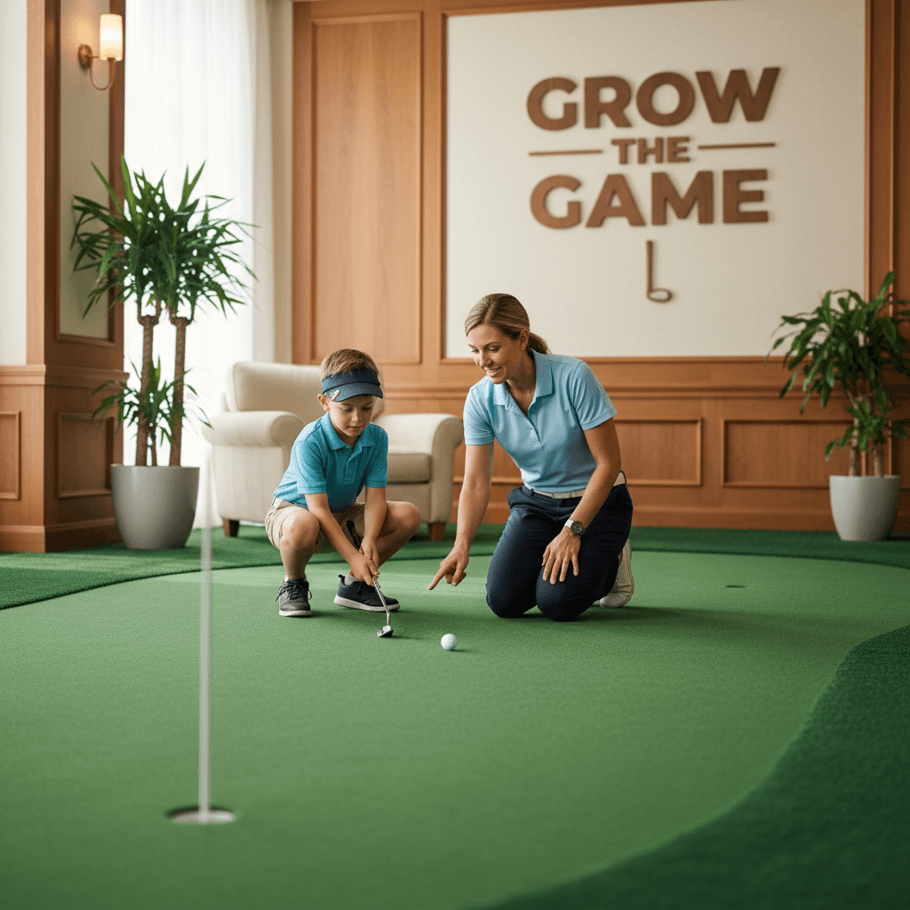 Young golfer practicing putting with a coach nearby