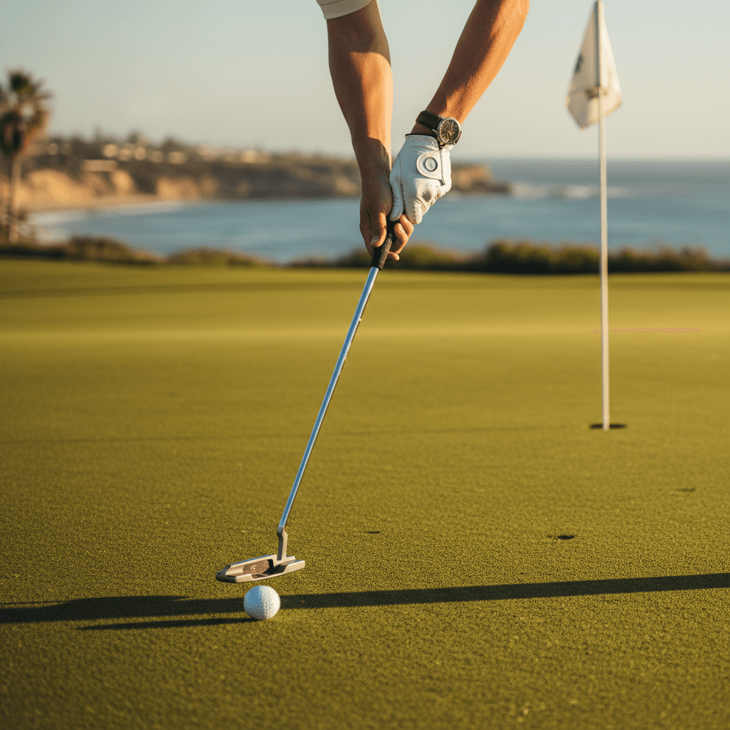 Golf glove and balls on a tee box at a quiet range