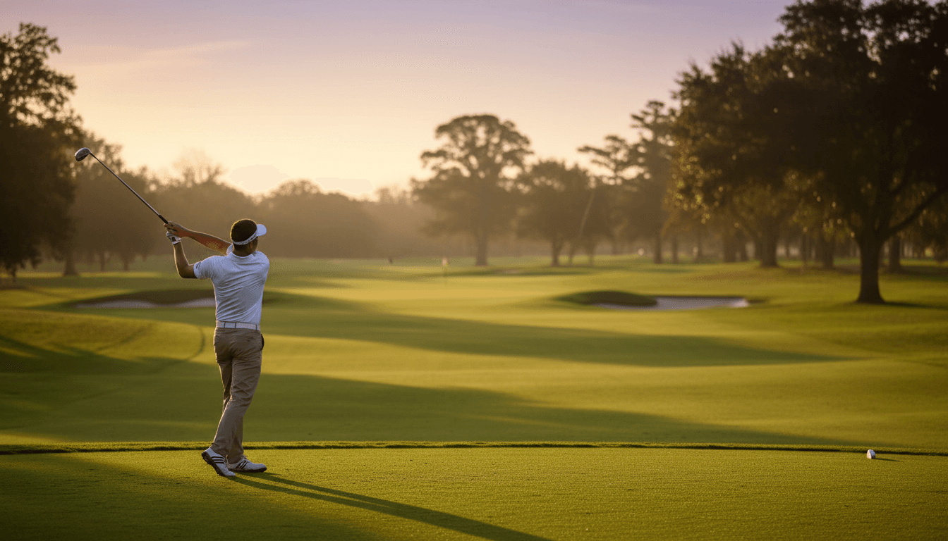 Golf instructor watching a student practice on a grass range at sunset