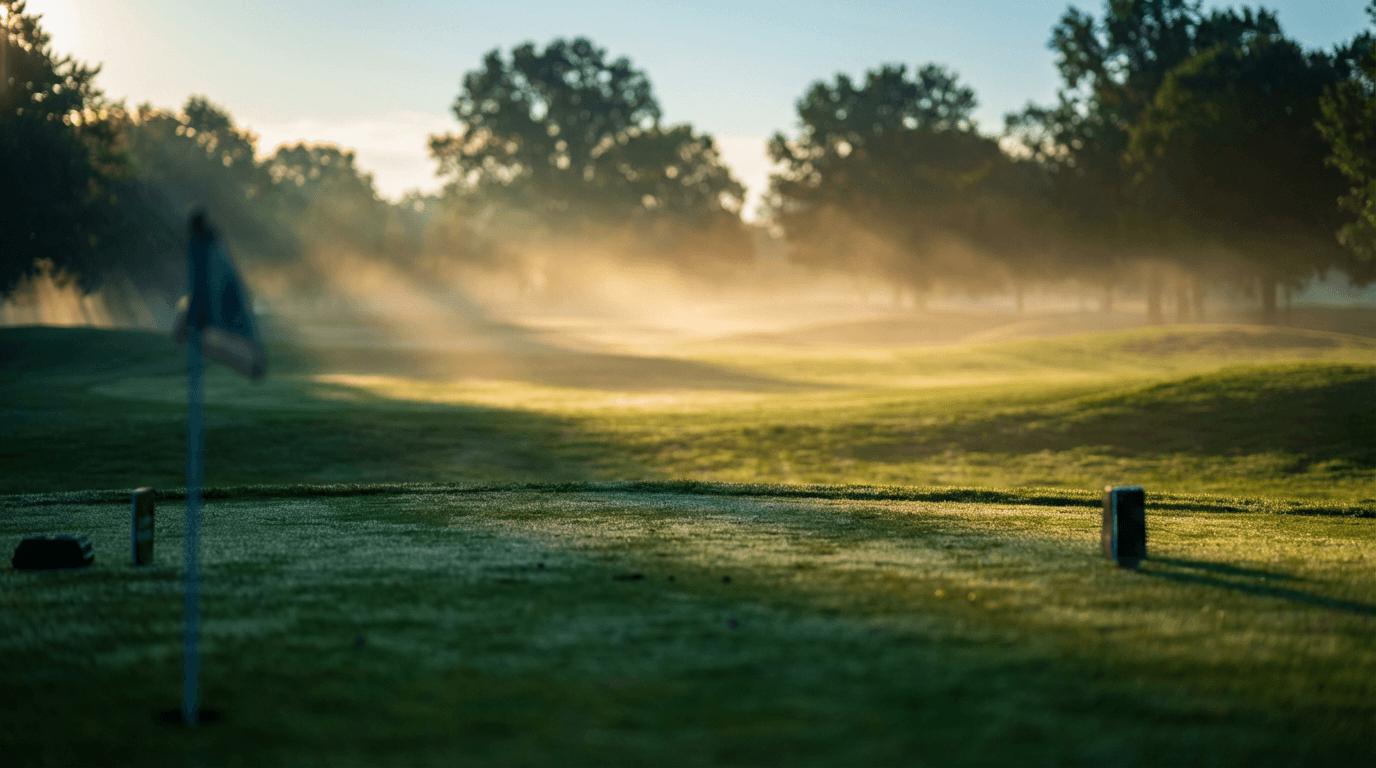 Close-up of a golf ball on a dewy grass range at sunset