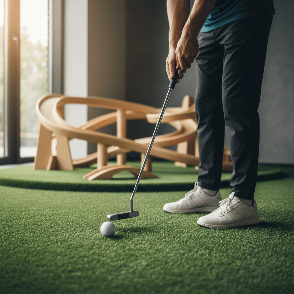 Golf ball and club on an indoor simulator mat with data screen